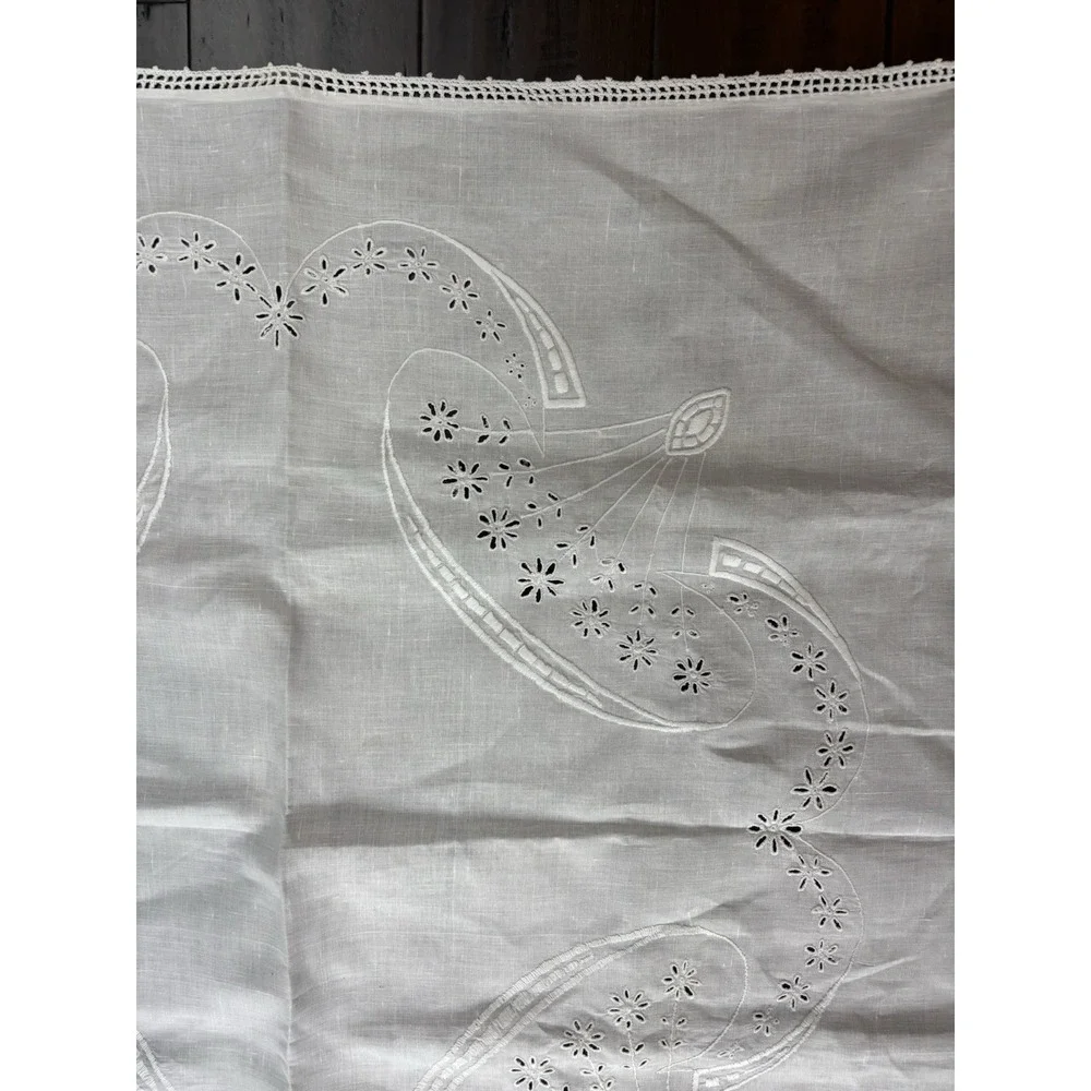 Vintage Hand Embroidered Linen Card Table Cloth Solid White 35